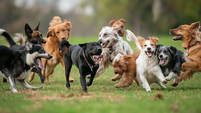 group of dogs playing on grass