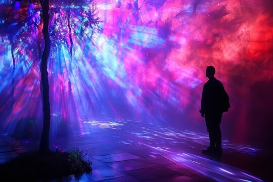 A man is mesmerized by a vibrant display of Purple, Magenta, Violet, and Electric blue lights, creating a captivating art and entertainment event in the darkness of the natural landscape