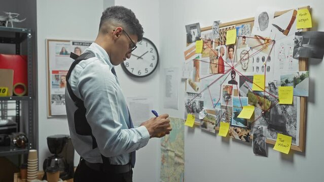 Young man analyzing evidence board in detective's office, with notes, photos, and clock.