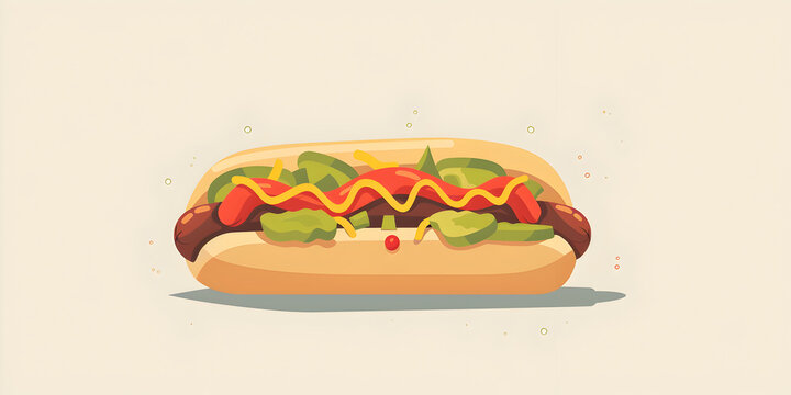 A delicious hotdog with sausage, mustard, mayo, and tomato sauce on a white background.