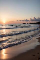 Spokojna plaża o zachodzie słońca, ze złotym piaskiem, delikatnymi falami i pastelowym niebem
