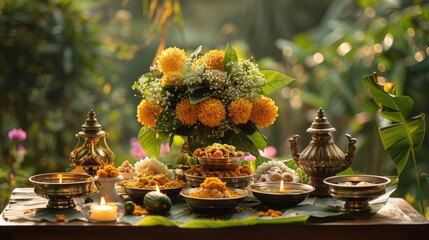Elements of the Vishu festival, including a traditional brass lamp (Nilavilakku) and a mirror, set against a lush green background symbolize the richness and depth of Kerala's cultural traditions.