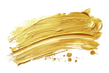 Gold color paint brush stroke. Big golden smear stain background on white backdrop. Abstract...