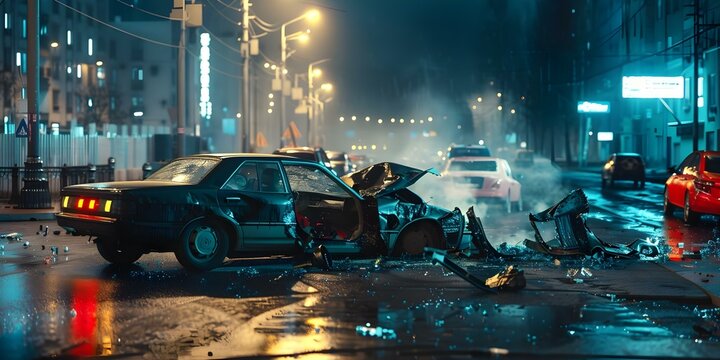 Fototapeta Night city scene with damaged cars from a collision one smoking highlighting the dangers of drink driving. Concept Night City Scene, Damaged Cars, Collision, Smoking Vehicle, Drink Driving Dangers