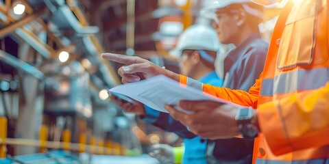 Supervisor pointing at document during safety audit with industrial workers, focus on hands. Concept Safety audit, Industrial workers, Supervisor, Pointing at document, Focus on hands