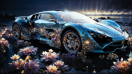 A beautiful super car stands on the ocean shore. Fabulous flowers are growing around. The concept of ecology of the car.