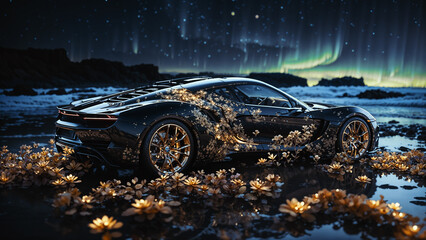 A black super car with golden flowers stands against a background of rocks and ocean. The northern...