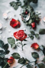 Fototapeta na wymiar Red Rose and Wine Glass on Table
