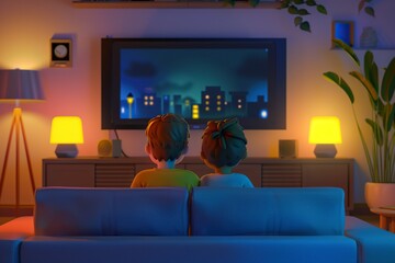 Couple Watching TV at Home, illustration cartoon