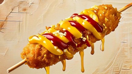 Corn dog, strung on a wooden skewer, with a raised texture