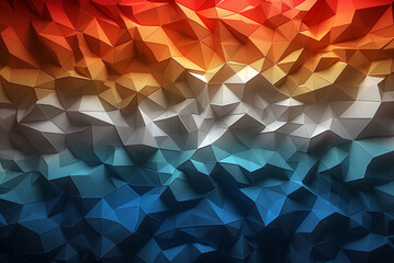 Colorful abstract design with blue, red, and white stripes. The design is made up of triangles and squares, and it has a rough, textured appearance