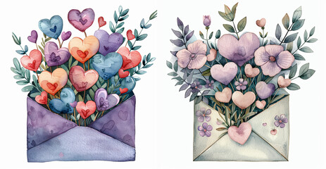 Charming watercolor clip art of an envelope with a delightful bouquet of hearts and flowers in pastel purple and deep green tones. 