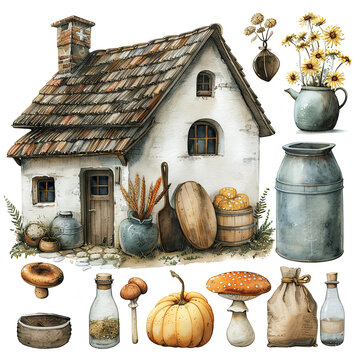 Watercolor illustration of a cozy farmhouse with various farm items, embracing cottagecore style. Ideal for rustic-themed designs, home decor, and lifestyle blogs.