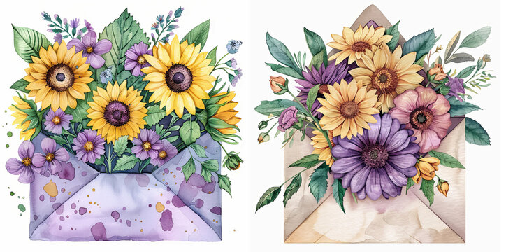 Delightful watercolor clip art of an envelope featuring a charming bouquet of sunflowers and green leaves in pastel purple and deep green hues. 
