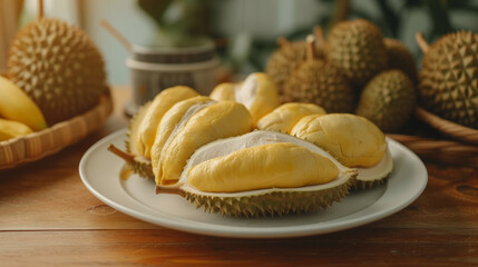 Durian in white plate on wooden table