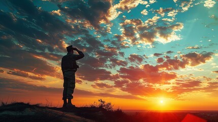 Silhouette of a soldier saluting in the sunset sky.