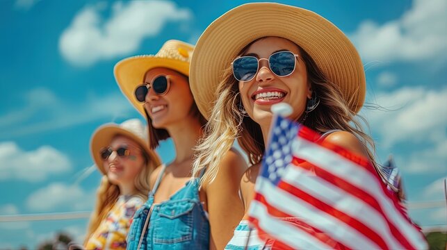 summer holidays, vacation, travel and people concept group of smiling women in sunglasses with american flag over beach background