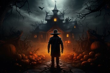 Dark Adult man halloween house. Holiday creepy. Generate Ai