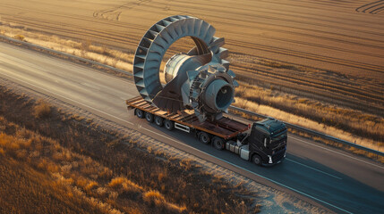 A large truck transporting a turbine part, - obrazy, fototapety, plakaty