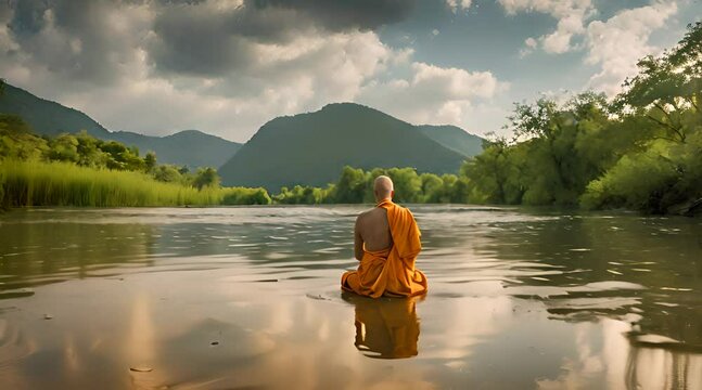 Silent and serene, a monk sits in tranquil meditation amidst the gentle flow of the river, finding solace in the rhythm of the water.