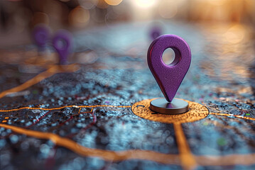 Purple pin is placed on a map, with other pins in the background. Concept of direction and guidance