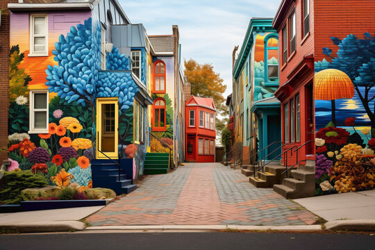 Embark on a visual journey through the vibrant streetscape adorned with a captivating art mural.