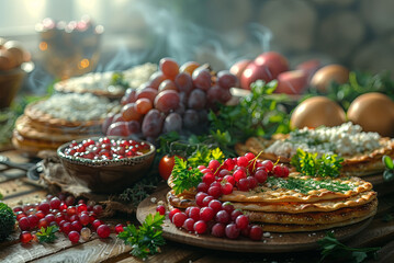 Festive table set with kosher food for the celebration of Passover - obrazy, fototapety, plakaty