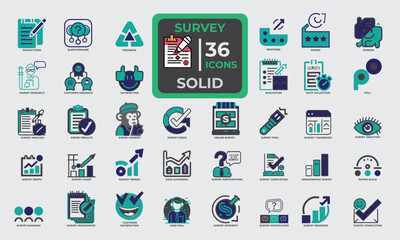 36 Solid Icons for Survey  set in fill style. Containing feedback, Rating, Questions, opinion, questionnaire, poll, research, data collection, review and satisfaction icons. Solid icon collection. Vec