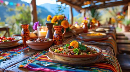 A close-up of a beautifully decorated table for Cinco de Mayo, featuring a colorful Mexican...