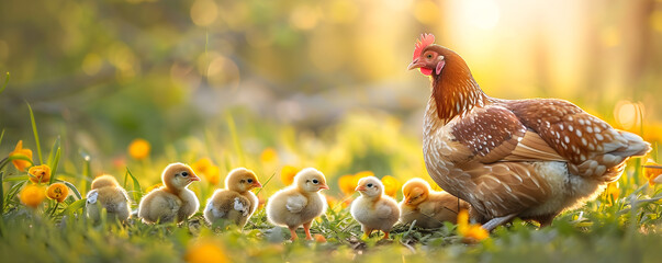 Mother hen with little chickens in a rural yard. Hen guides her brood of tiny chicks in green paddock. Free range chicken on traditional poultry farm. Organic farming, back to nature concept