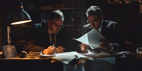 Detectives review classified documents in an incident room determined to solve a crucial case. Concept Crime Scene Investigation, Classified Documents, Detective Work, Incident Room, Solving Cases