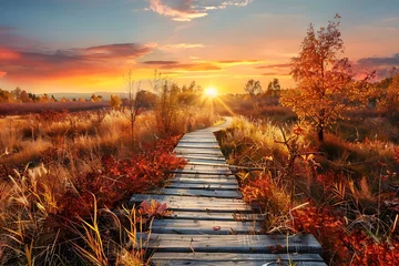 Zelfklevend Fotobehang Panoramic autumn landscape with wooden path at sunset. Fall nature background . © crescent