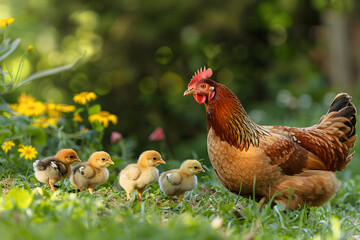 Fototapeta premium Mother hen with little chickens in a rural yard. Hen guides her brood of tiny chicks in green paddock. Free range chicken on traditional poultry farm. Organic farming, back to nature concept