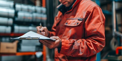 Safety officer conducting a safety audit at a factory focusing on writing a checklist document. Concept Safety Regulations, Factory Conditions, Inspection Procedures, Compliance Requirements