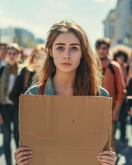 a school presentation. college student girl holding cardboard, stubborn look, demonstrations on the street
