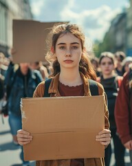 a school presentation. college student girl holding cardboard, stubborn look, demonstrations on the street - obrazy, fototapety, plakaty