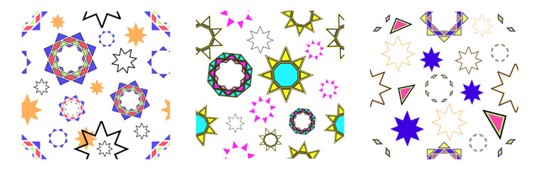 Set of three seamless geometric and multicolored patterns. The drawing is intended for printing. Vector illustration