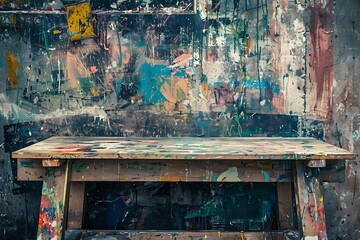Panoramic or panorama banner of an old abstract table top workbench. The work bench is used in an art school which is why it s covered with paint 