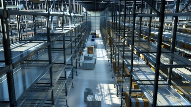 Storage room. Huge storage room or department on a factory. Long rows with shelves. Producing concept. Big corporations.