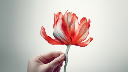 International Parkinson's awareness month concept, red tulip flower in girls hand , April 11. Poster, banner, card, background.