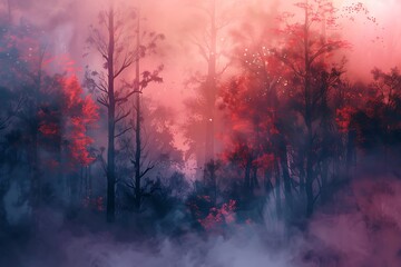 Print for Wallpaper. Fantasy design. Modern Art. Fog in the forest. Colored mystic background. 