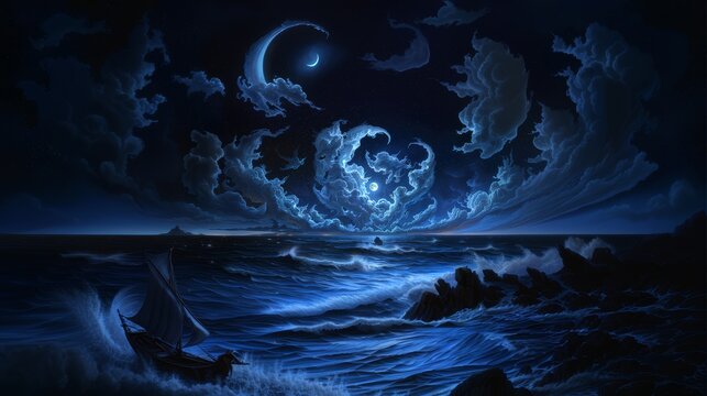 clouds shaped like dragons and dogs over the ocean at nighttime, full moon