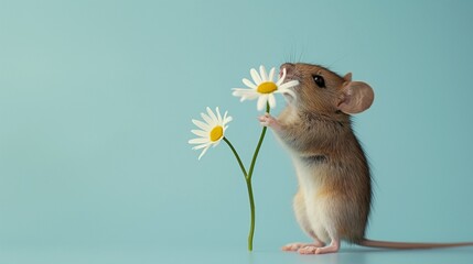A cute mouse with flowers. A cute little mouse. Kid's story. Fairy tale. - obrazy, fototapety, plakaty