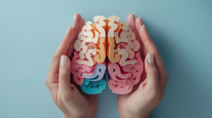 International Parkinson's awareness month concept, 3d pastel color brain illustration in human hands, Alzheimer awareness day, dementia diagnosis,April 11. Poster, banner, card, background.