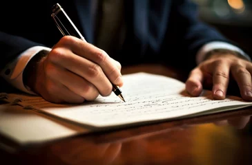 Fototapeten Artistic Closeup photo of writing man. Hand recording information in diary notepad. Generate ai © juliars
