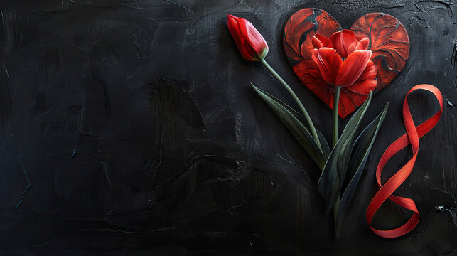 International Parkinson's awareness month concept, red tulip flowers with red ribbon symbol isolated on black background, April 11. Poster, banner, card, background.