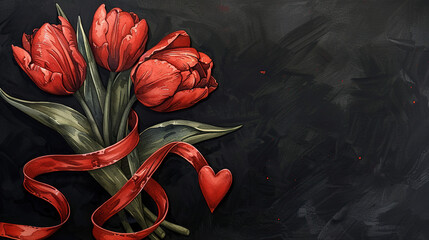 International Parkinson's awareness month concept, red tulip flowers with red ribbon symbol isolated on black background, April 11. Poster, banner, card, background.