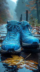 Water droplets adorn blue hiking boots on a wet wooden surface, encapsulating the essence of hiking in rainy weather.Person walking barefoot, earthing, grounding concept