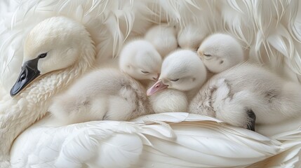 Obraz premium A flock of pure white ducks cozied up together on top of a stack of snowy duvets atop the bed