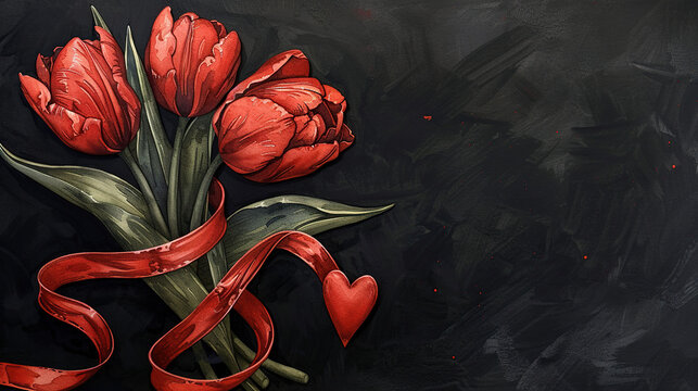 International Parkinson's awareness month concept, red tulip flowers with red ribbon symbol isolated on black background, April 11. Poster, banner, card, background.